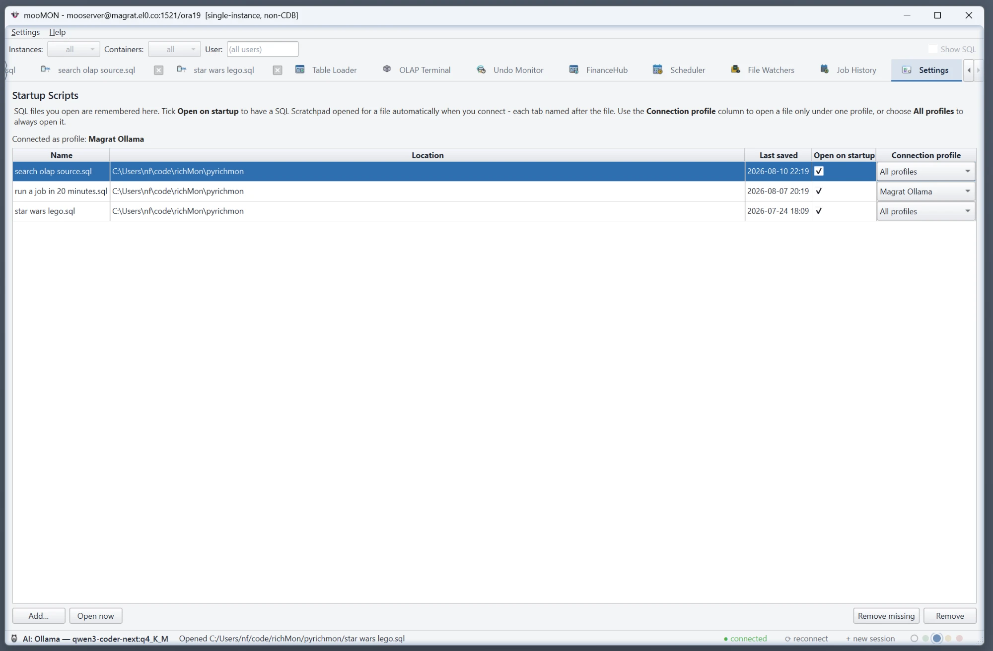 Startup Scripts settings pane